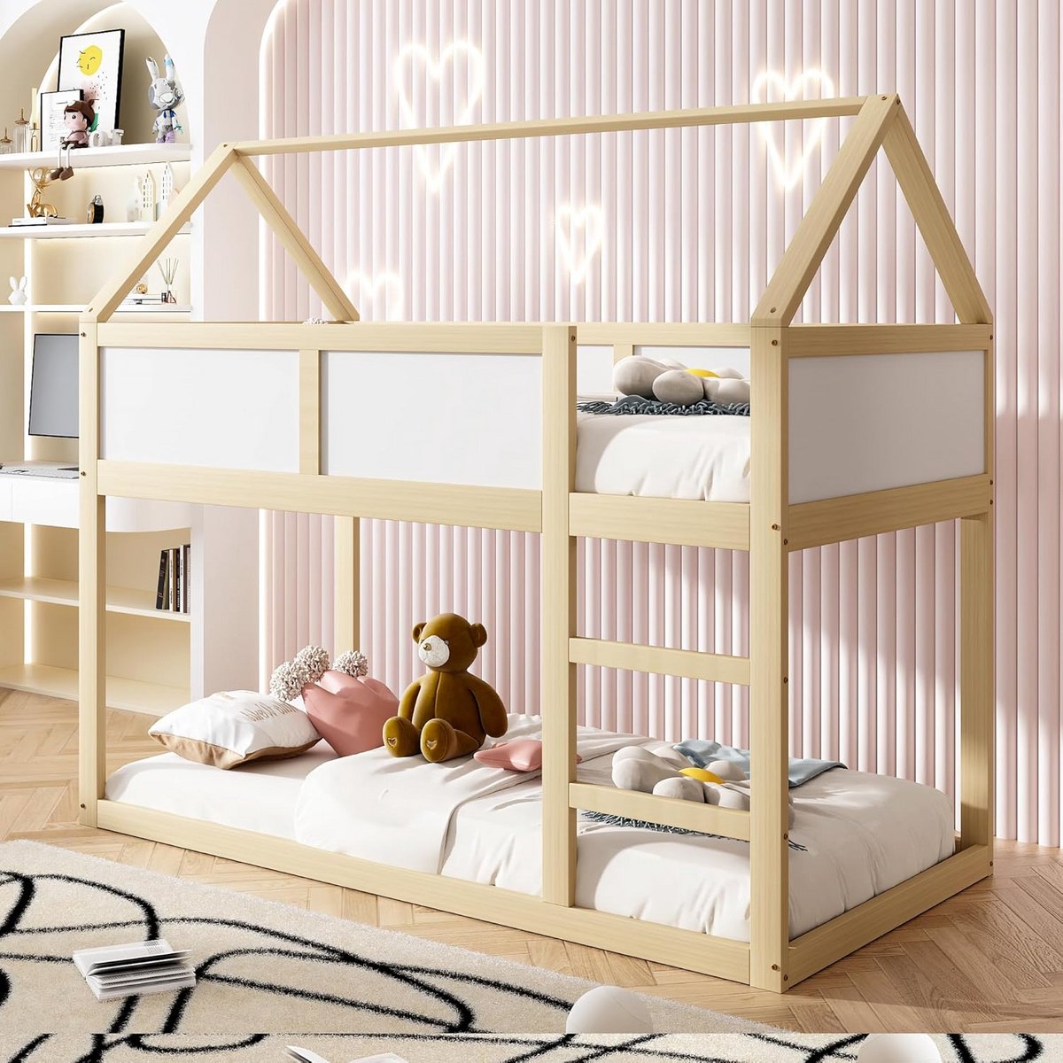 Loftbed met Trap voor Kinderen - 90 x 200 cm, Massief Houten Frame met Veiligheidshek