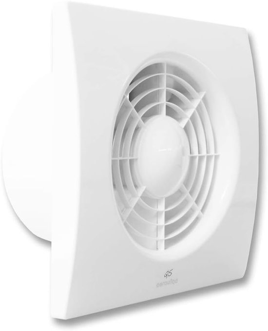 Ventilateur de salle de bain blanc, carré, avec un ventilateur rond blanc et un bouton central.