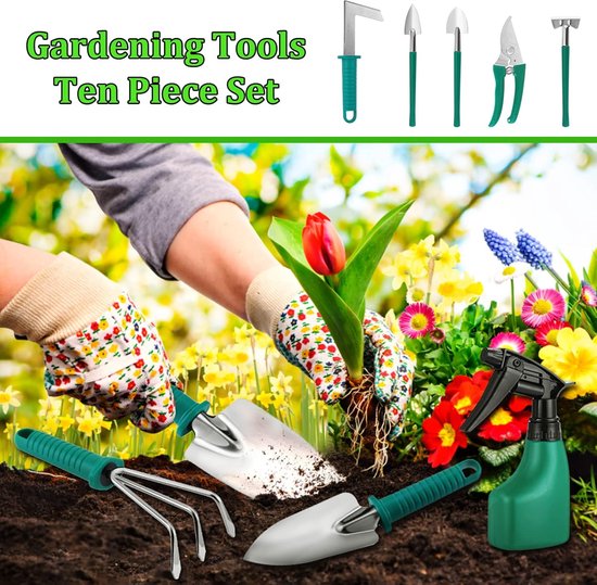 Tuingereedschap 10-delige roestvrijstalen tuingereedschapset met koffer, cadeau voor tuinliefhebbers van Tuingereedschap. — afbeelding 4