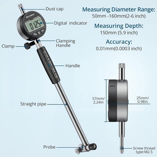 Respicefinem Bohrungsmessset 50–160 Mm – 0,01 Mm Genauigkeit, Mit Messuhren-Kopf & 5 Messstäben, Für Motorzylinder & Maschinenbau