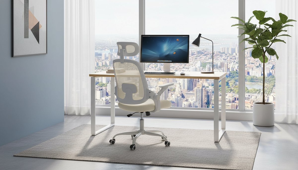 Ergonomische bureaustoel Casa Velluto ComfortMesh – Draaistoel met verstelbare hoofdsteun, 3D-armleuningen, lendensteun, ademend mesh en schommelmechanisme – Beige – Hoge rugleuning – Kantoren, thuiswerk & gaming