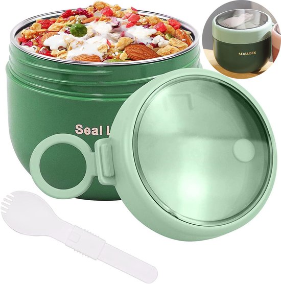 Tasse à bouillie de 600 ml, conception étanche, convient comme pot à yaourt, bol à bouillie, boîte à lunch en acier inoxydable avec cuillère pliable, idéale pour le petit-déjeuner et le déjeuner - vert
