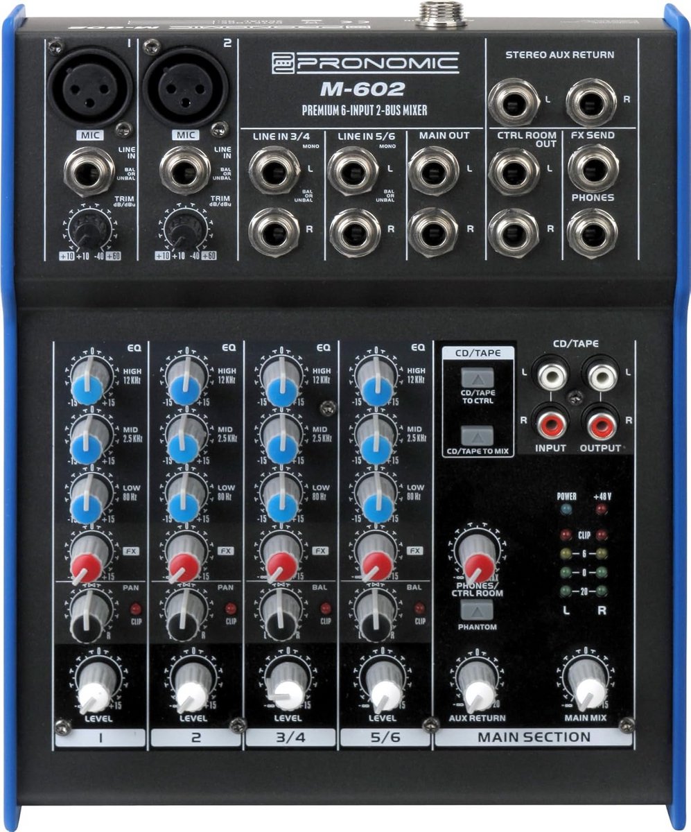 6-Kanaals Mengpaneel met 3-Band EQ en 48V Fantoomvoeding