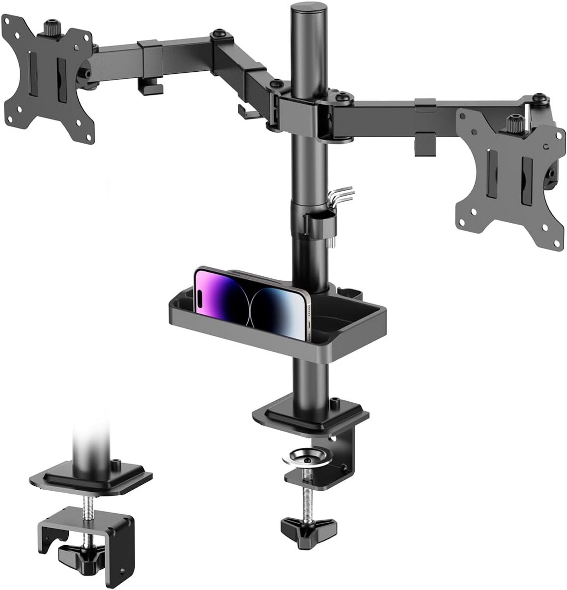 Dual Monitor Stand met Opbergplank voor 2 Monitoren 13"-27" - In Hoogte Verstelbaar, Draaibaar en Kantelbaar