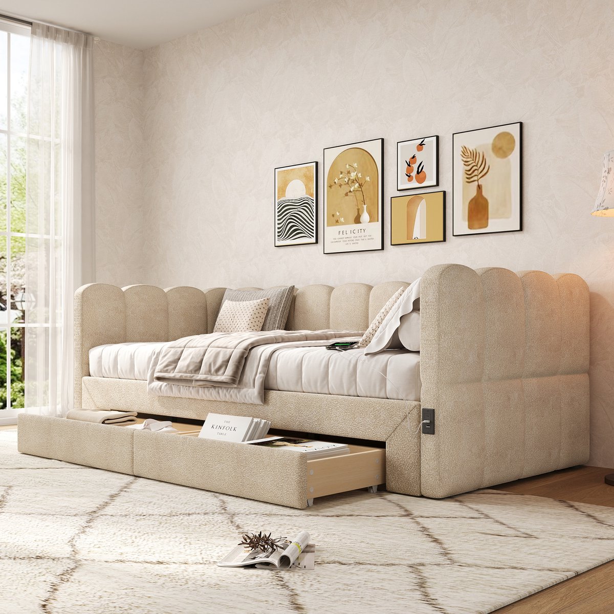 Wishdor Daybed - Uittrekbaar Tot 180x190 Cm - Met 2 Lades - Met Usb- En Type-C-Aansluiting - Chenille - Beige