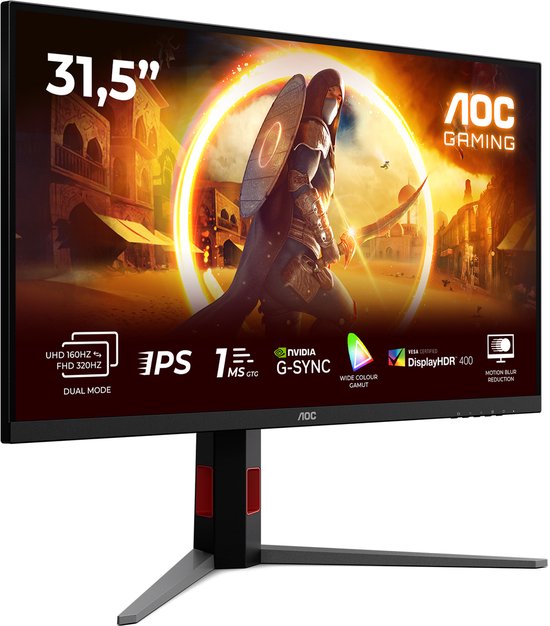 31,5" AOC gaming monitor met op de voorgrond een strijder met schild en zwaard, op de achtergrond een woestijnlandschap.
