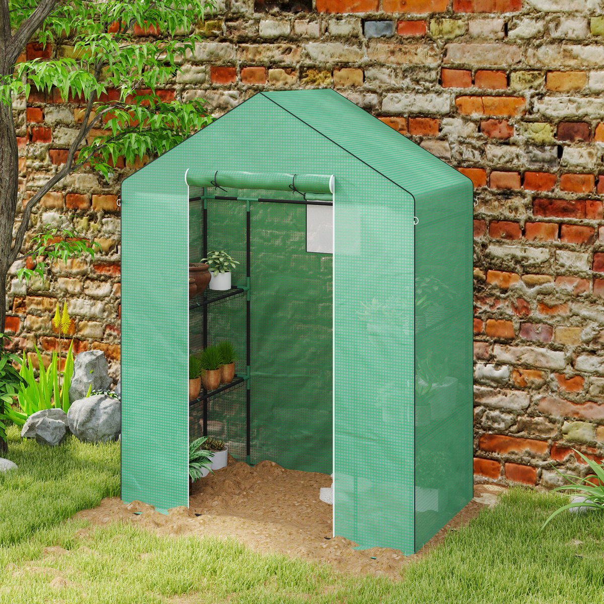 Wishdor - Foliekas - Met Oproldeur En Gaasraam - Met Tweezijdige 3-Laags Rekken - Kunststof - Groen - 143 X 74 X 190 Cm