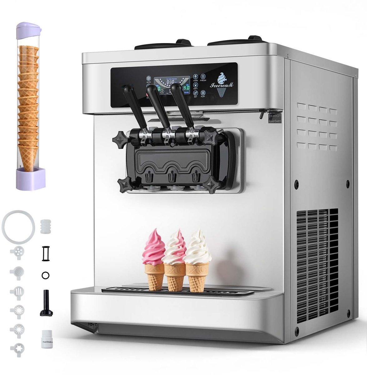 Softijsmachine - Commerciële ijsmachine - 3 Smaken - 20–28 l/uur - 2200 W - 2 x 6 l containers - Voorkoeling - Waarschuwing bij laag mengniveau