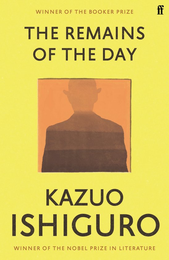 Couverture jaune de 'The Remains of the Day' de Kazuo Ishiguro, avec l'image d'un homme en silhouette.