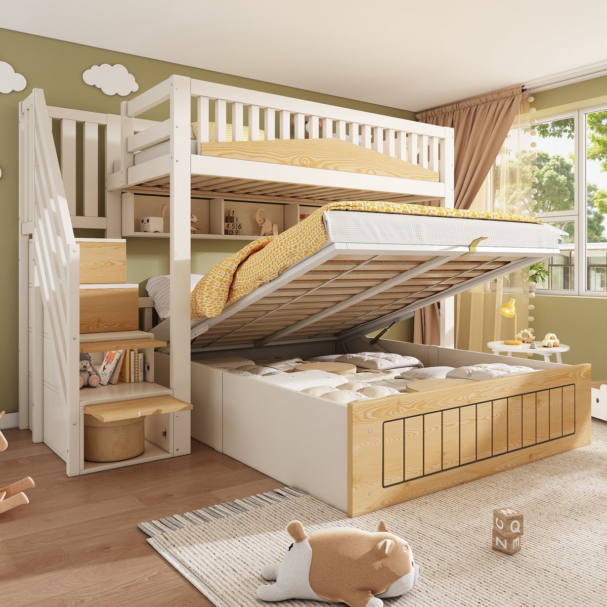 HAUSS SPOLE Houten Stapelbed 90x200cm En 140x200cm - Zonder Matras - Versprongen Gezinsbed Met Trappenkast En Opbergruimte - Met Laadpunten - Wit En Naturel
