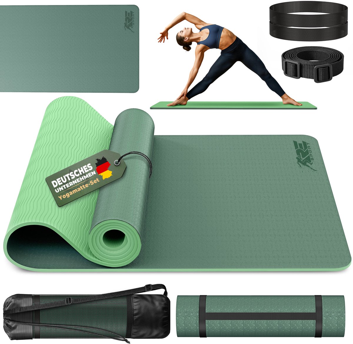 Yogamat, groen-lime, 183 x 61 x 0,6 cm, fitnessmat, gymmat, gymnastiekmat, logo