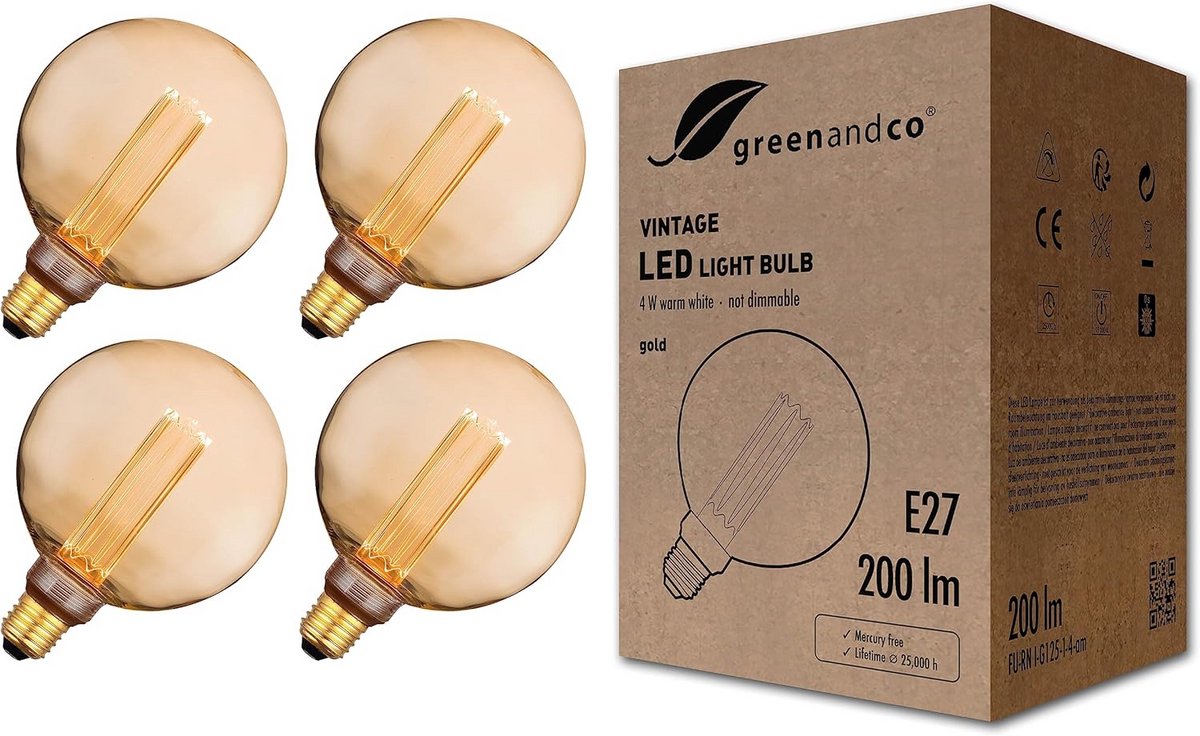 4x Grote Bol LED Lamp E27 Goud 1800K Extra Warm Wit Sfeervol Licht