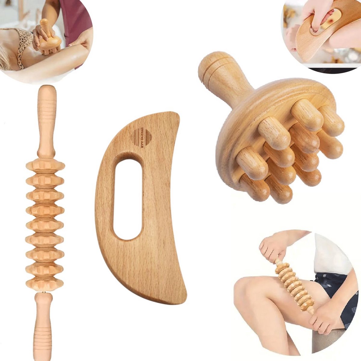 Set van 3 Houten Massage Rollers voor Diepe Spiermassage en Ontspanning