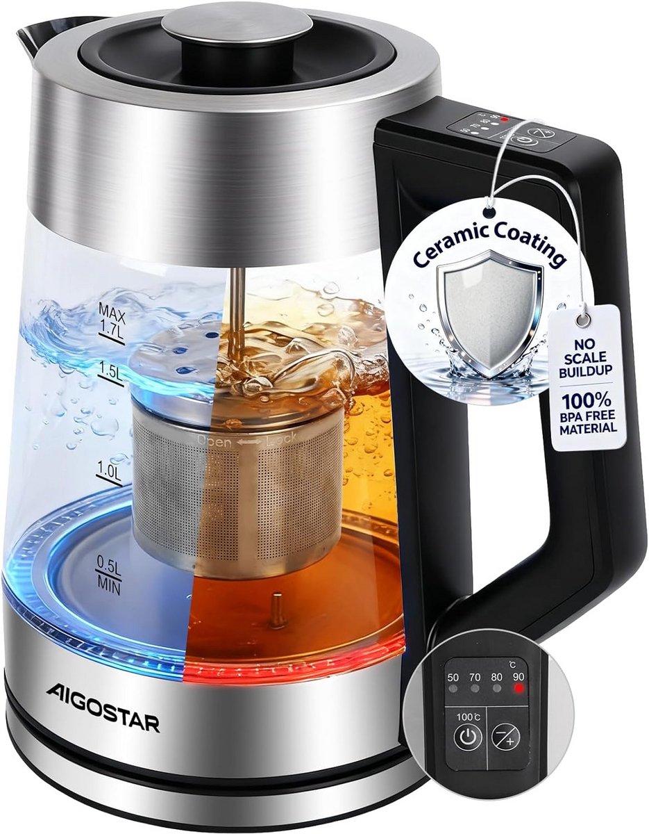 Elektrische Waterkoker met Temperatuurregeling en Warmhoudfunctie, 1.7L Glas en RVS