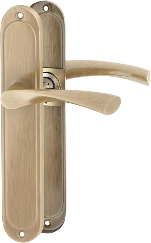 Twee messing deurklinken met antiek gouden afwerking, op een witte achtergrond.