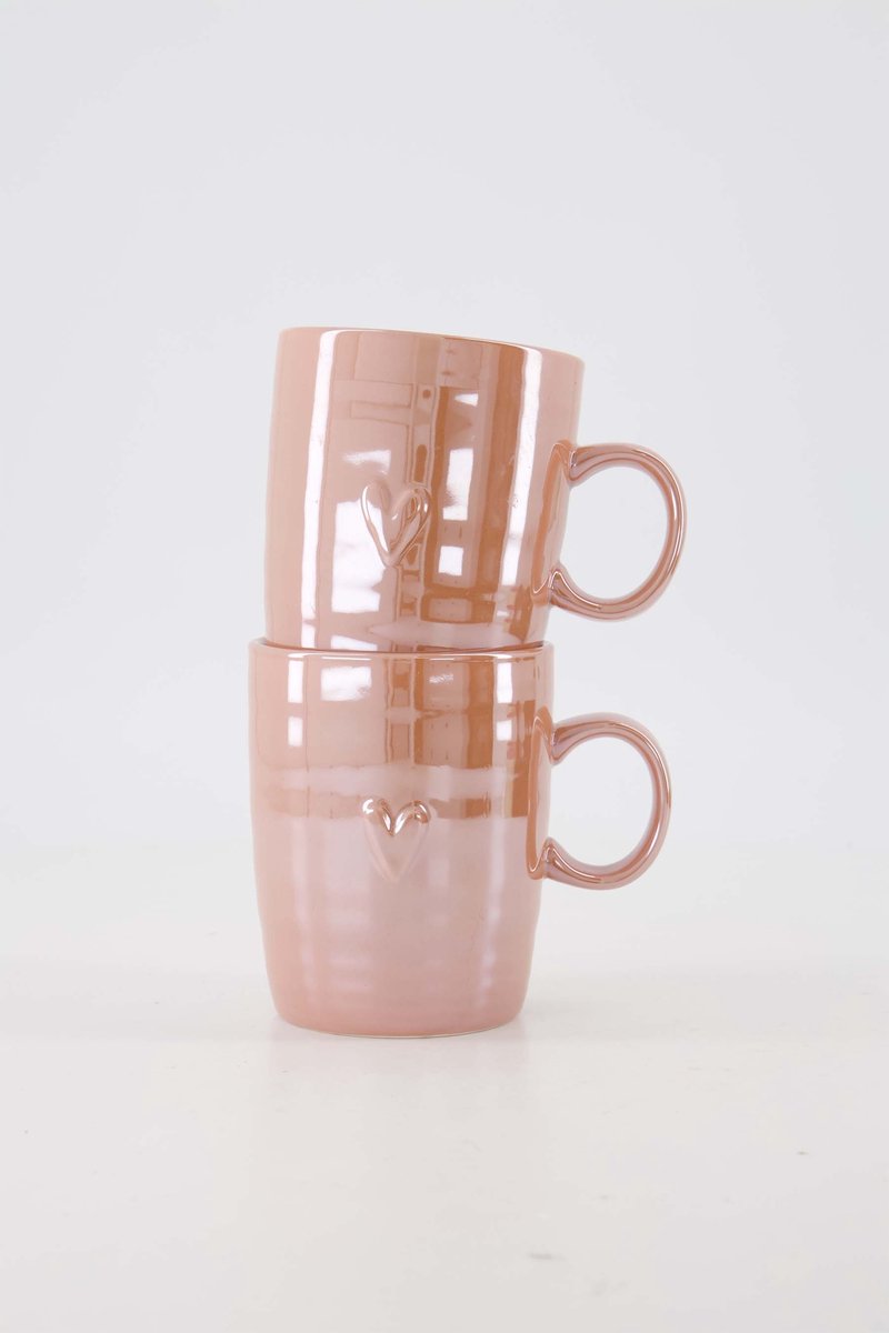 Zusss Cadeauset 2 Theemokken Hartje Parelmoer Roze - Verjaardag - Cadeau Dames Keramiek Roze