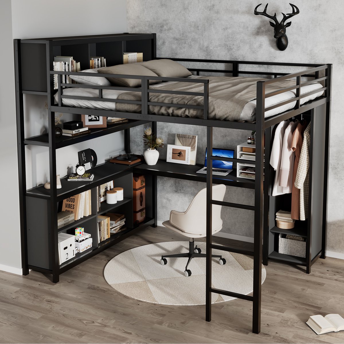 Clruro Hoogslaper - 140x200 cm - Met Kast en Bureau - Opbergruimte - Metaal/Spaanplaat - Zwart