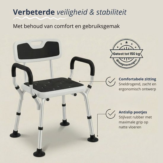 BY JRM® Douchestoel - Douchekruk - Incl. badset, douche puff en douchekophouder - Met Armleuning - Hoogte Verstelbaar - Antislip - Zwart