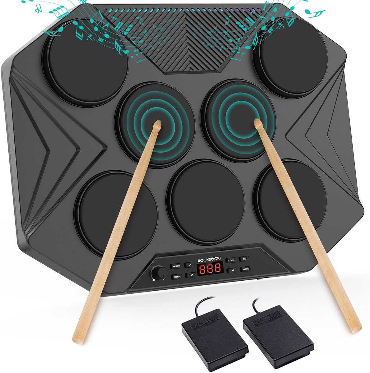 Draagbare Elektronische Drumset met 7 Gevoelige Pads en Verlichting - MIDI USB