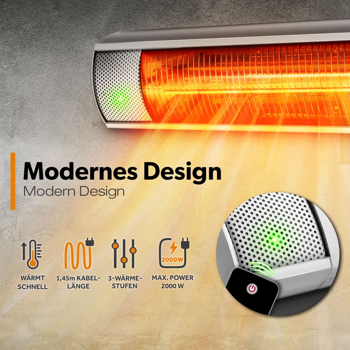 TRESKO infrarood warmtestraler, 2000 W, met afstandsbediening, elektrisch, voor op het terras, met 3 warmtestanden, terrasstraler, voor binnen en buiten, wandverwarming, infraroodstraler, straler voor de luiertafel – foto 4
