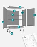 Grijze archiefkast met deuren (H), planken (E), bovenblad (B), onderblad (F) en zijpanelen (A, D). Inclusief montagehandleiding.