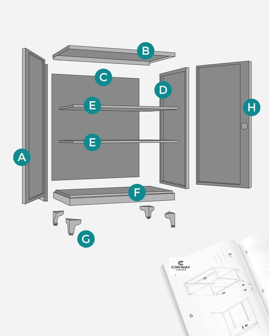 Grijze archiefkast met deuren (H), planken (E), bovenblad (B), onderblad (F) en zijpanelen (A, D). Inclusief montagehandleiding.