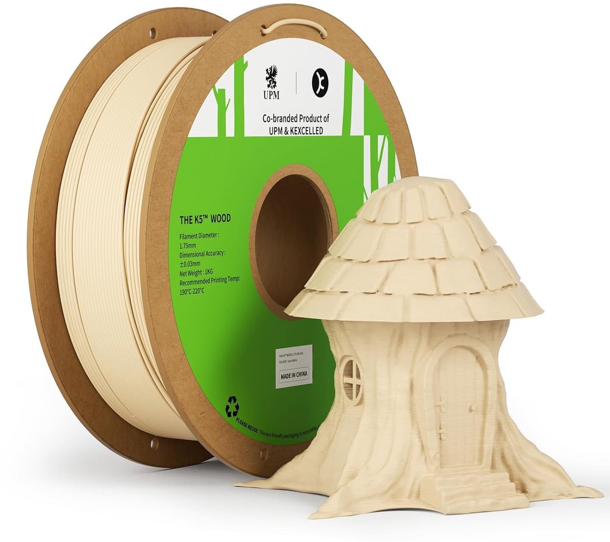 PLA Hout Filament 1,75 mm Ivoor Wit voor 3D Printer - 1 kg Spoel