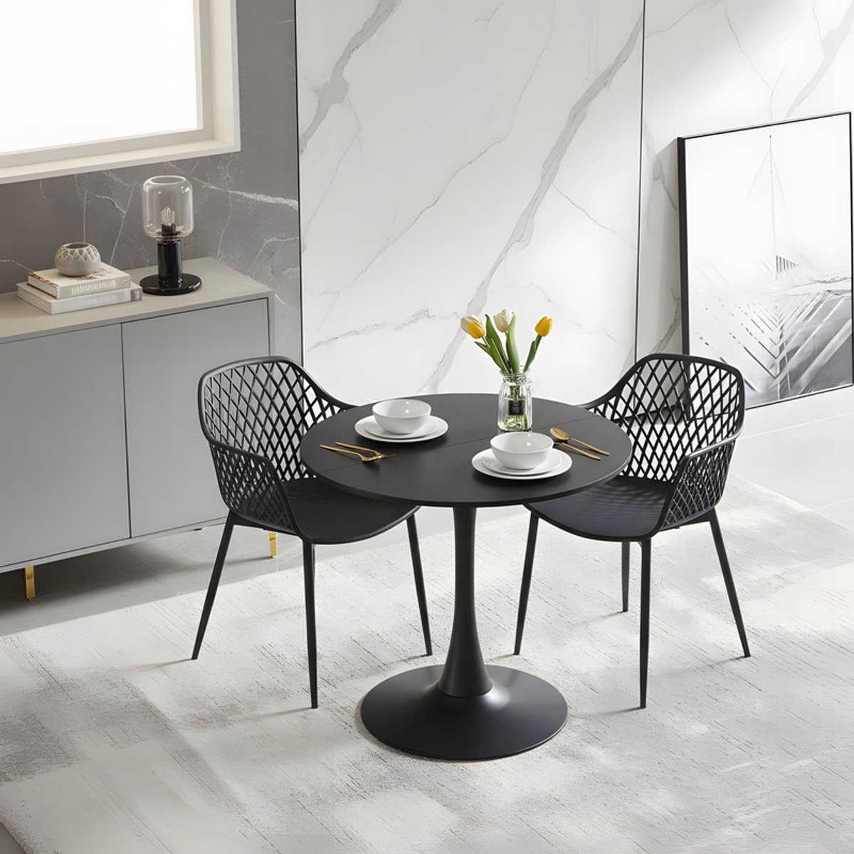 EGGREE eettafel en stoelen set - zwarte tafel Ø 80 cm met 2 stoelen - voor bar - kookeiland - café en eetkamer