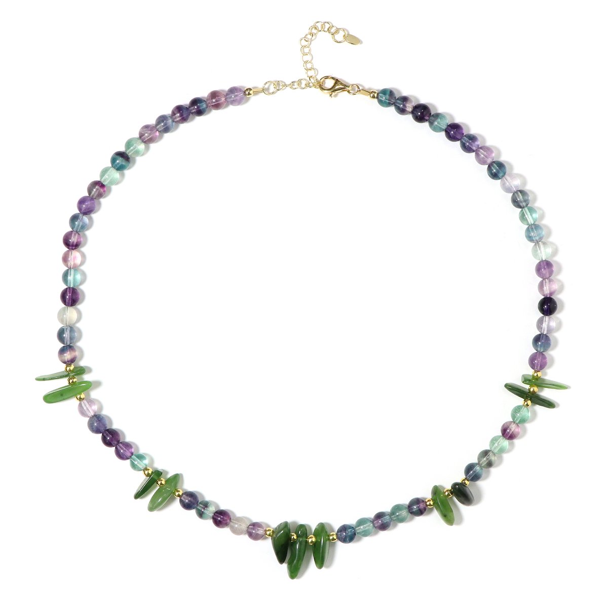 Cavill - Handgemaakte Zilveren Halsketting 925 Sterling Zilver Verguld - Nefriet 39,35 ct en Fluoriet 97,64 ct - Kleurrijke Edelstenen - 45-50 cm