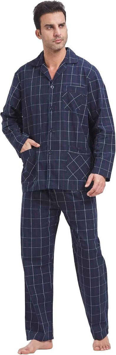 Heren Pyjama Set Tweedeelig Katoen Nachtkleding Lange Mouwen en Trekkoord Broek