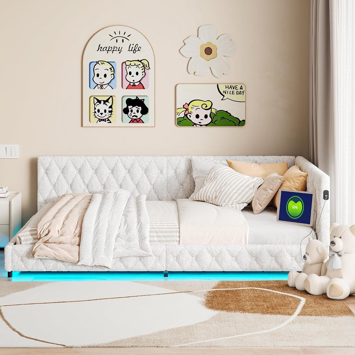 Gestoffeerde Slaapbank 140x200cm Beige Teddyfluweel met LED en USB