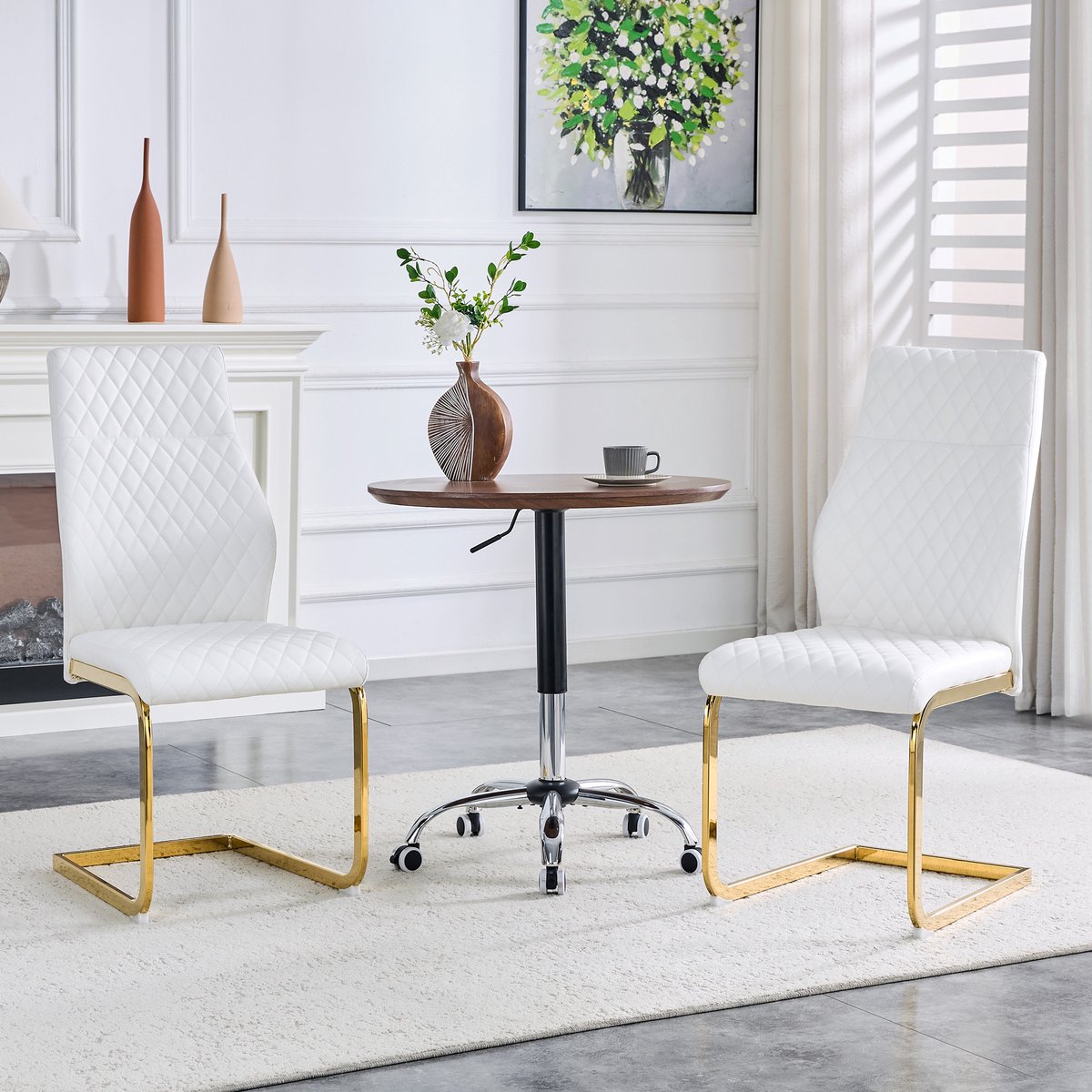 STILVORA Eetkamerstoelen Set Van 2 - Ruitpatroon Met Hoge Rugleuning En Zitkussen - Voor Eethoek En Restaurant - Metaal;PU Leer - Wit;Goud Wit Goud