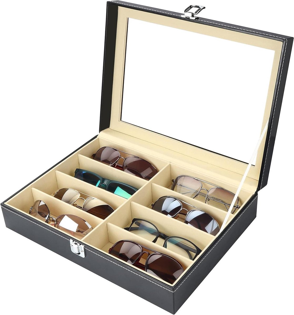 Zonnebrillen Organizer Doos - Brillenopberger - Afsluitbaar - Zwart - 8 Sleuven - Display Opslag - Zonnebrillen Collectie - Brillen - Oogmode - Sieraden - Heren en Dames - Geschikt voor Brillen en Zonnebrillen - Faux Leder.