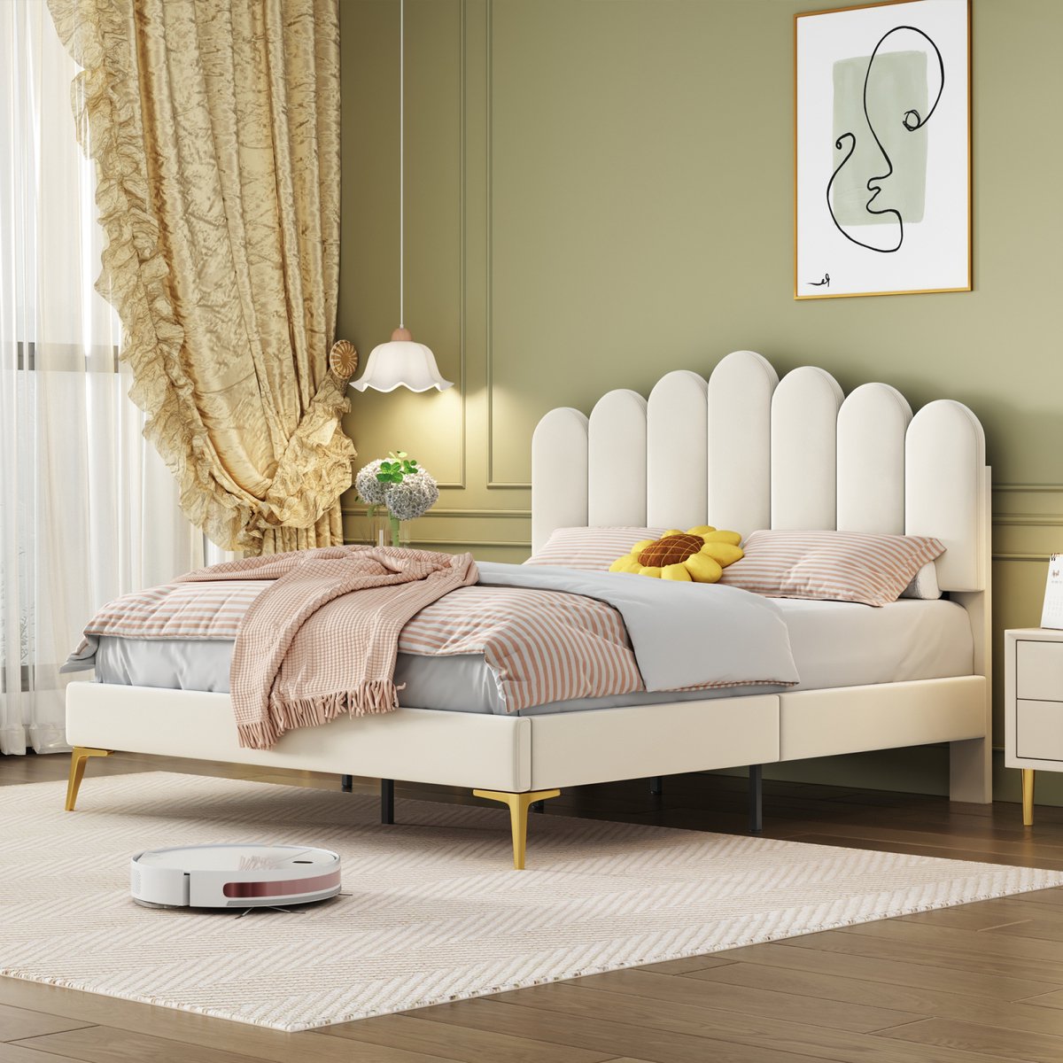 Gestoffeerd tweepersoonsbed 140 x 200 cm, bedframe met hoofdbord en lattenbodem, volwassenen-/jeugd-/logeerbed, beige fluwelen stof