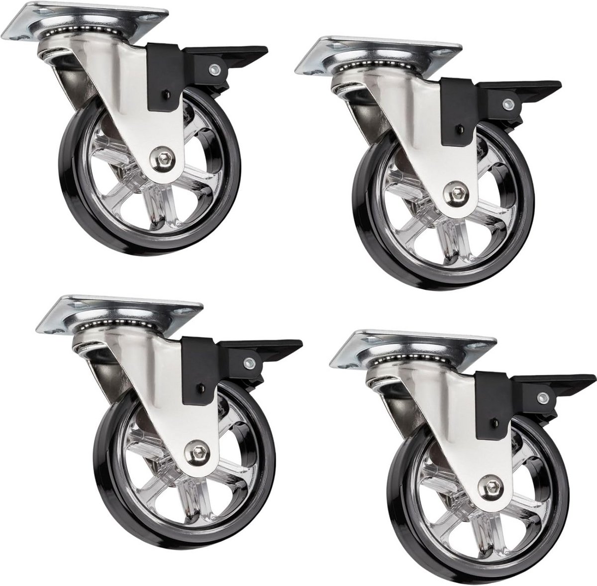 Set van 4 Zwarte Design Zwenkwielen met Rem Ø 75 mm Draagkracht 35 kg