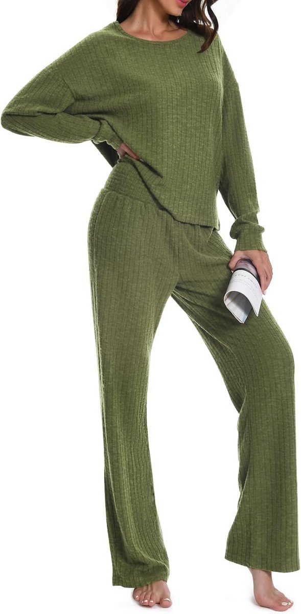 Geribbelde Pyjamaset voor Dames - 2-delig Loungewear met Trui en Wijde Pijpen
