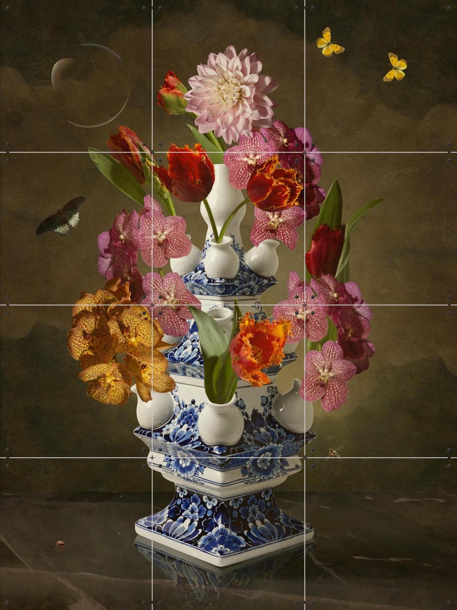 IXXI Heinen Delfts Blauw classic, Sander van Laar - 60 x 80 cm - Gratis ophangtool - Grote wanddecoratie en posters - Fotografie, Klassiek, Bloemen