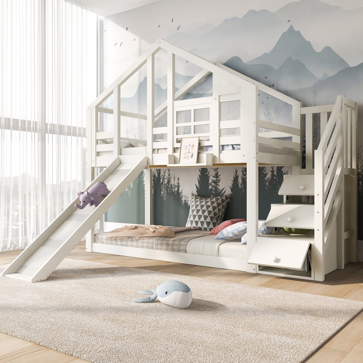 MODFU Kinder stapelbed 90x200 cm van massief hout en MDF – wit – boomhuisdesign met glijbaan en opbergtrap – EN747