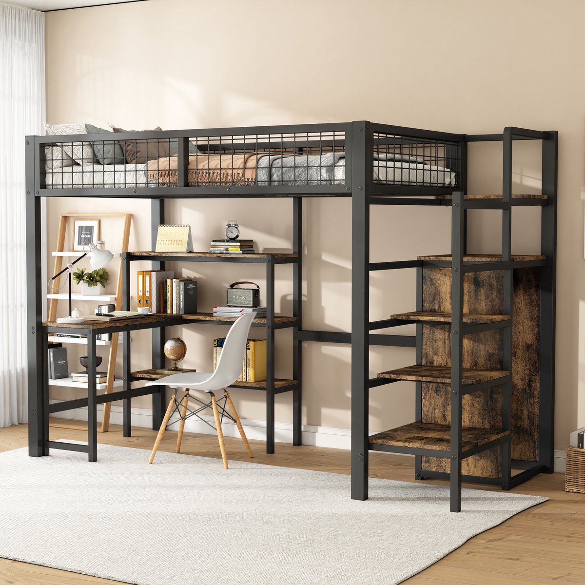 FloraGrace Hoogslaper 90x200cm – Met Bureau En Planken – Met Kledingkast – Ruimtebesparend Voor Tienerkamer – MDF En Metaal – Zonder Matras – Zwart En Bruin