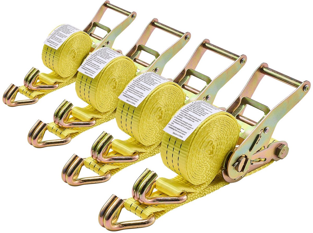 Spanbanden met ratel (sjorbanden) - Set van 4 - Dubbele J-haken - Breeksterkte 3000 kg - Lengte 3,05 m - Breedte 38 mm - Met draagtas - Geschikt voor aanhanger, motor, kajak