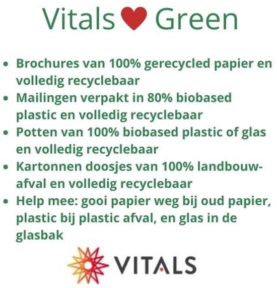 Vitals Hart Groen - Lijst met duurzame initiatieven van Vitals, zoals gerecycled papier en biobased plastic.