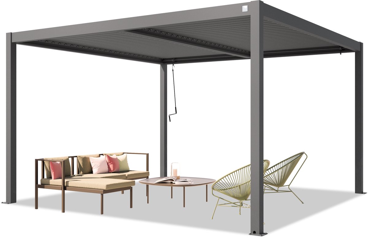 PRIMEYARD Pergola 4x4 m staanders van aluminium met stalen lamellendak paviljoen grijs