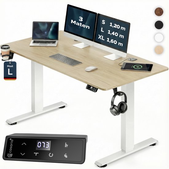 Bureau assis-debout Casaria - Réglable électriquement USB 140x60cm – Beige