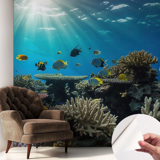 Coloray Zelfklevend Behang - Onderwaterwereld Stickerbehang op rol - 250x250 cm - Blauw Zelfklevend Behang - Voor de badkamer, woonkamer, slaapkamer - Plakklare achterzijde - Zelfklevend fotobehang