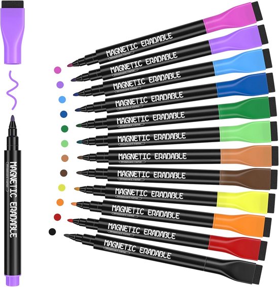 Magnetische Whiteboardmarkers Set - 12 Levendige Kleuren met Gum - Dunne Punt
