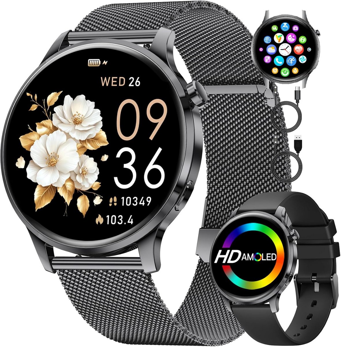 Dames Smartwatch met AMOLED Scherm, Bluetooth Bellen en 110 Sportmodi