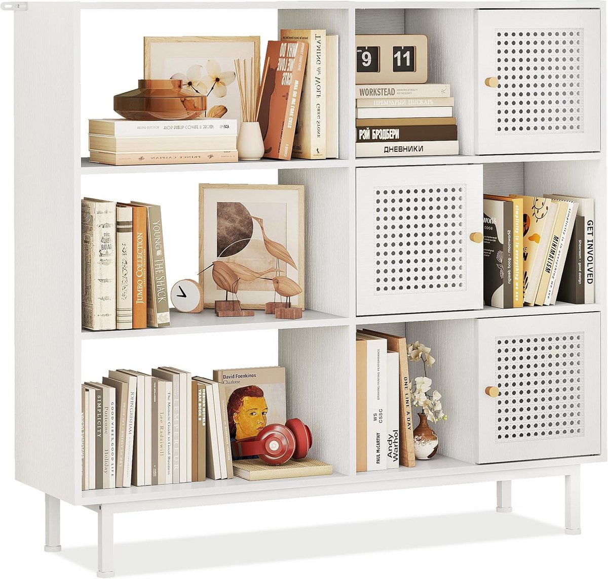 Boekenkast met 3 deuren en 6 open vakken voor woonkamer of werkkamer