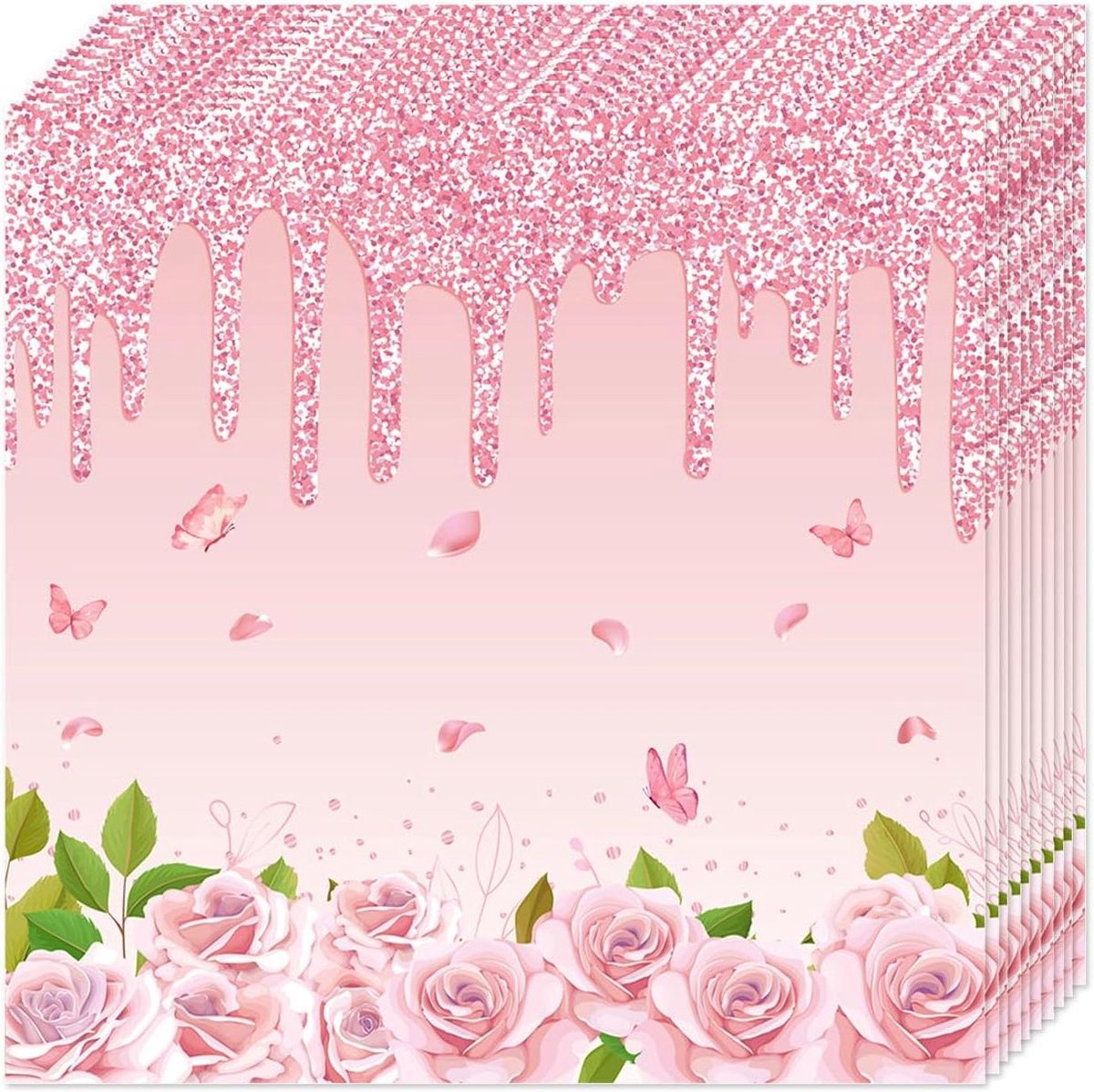 Roze papieren servetten voor verjaardag en bruiloft - 20 stuks, 33 x 33 cm, bloemenprint