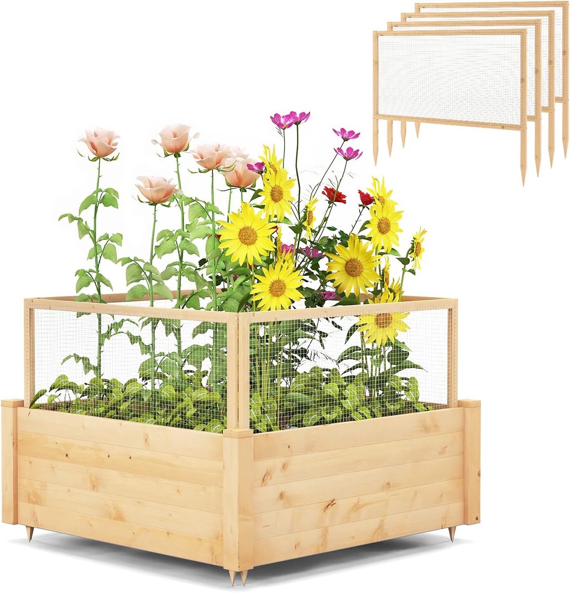 KOMFOTTEU Verhoogd bloembed met beschermrooster, plantenbak met 9 compartimenten, houten tuinbed met bodemloos design voor bloemen en groenten, 107 × 107 × 70 cm