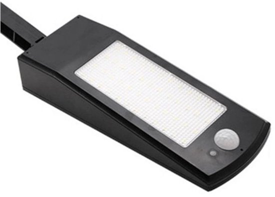 Zwarte solar wandlamp met bewegingssensor en helder verlichtingspaneel.